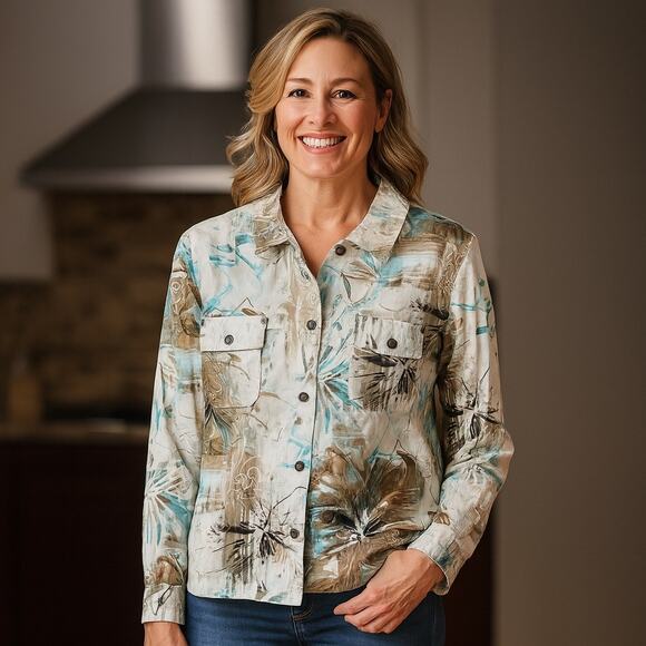 Chico's Top Women's Size 3 Button Up Floral Rainforest Neutrals Pockets Artsy - Picture 1 of 6